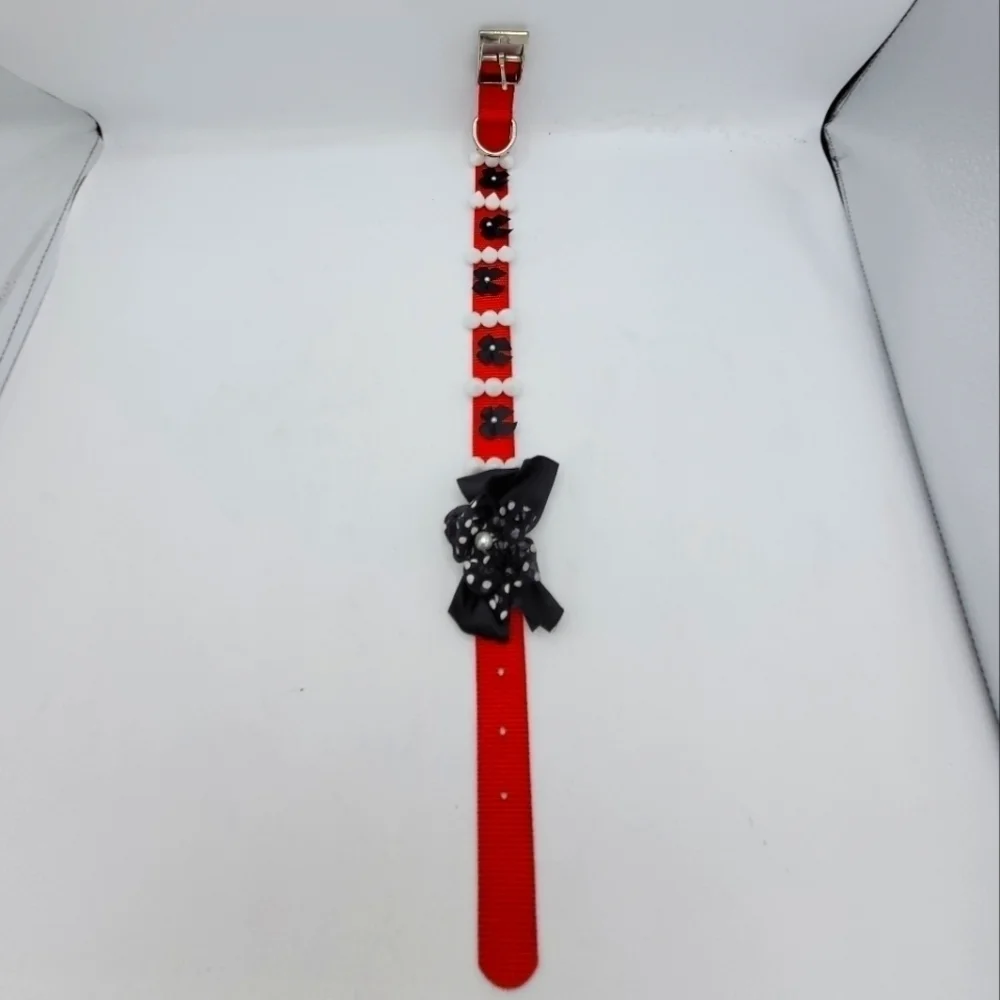 Dog Collar Black Red White Bow Pearls and Spikes
